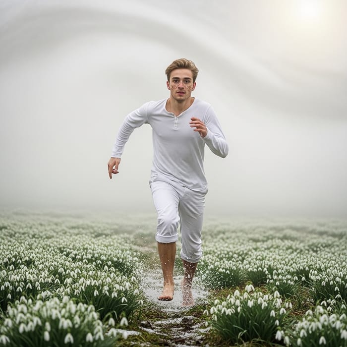 Realism Art: Young Man with Blond Hair Running in Foggy Field