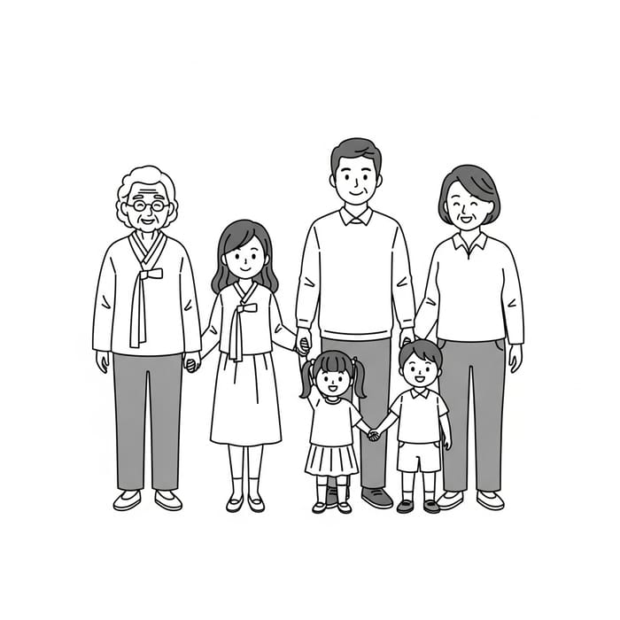 Korean Family Illustration: Togetherness in Black & White Korean Family Illustration: Togetherness in Black & White