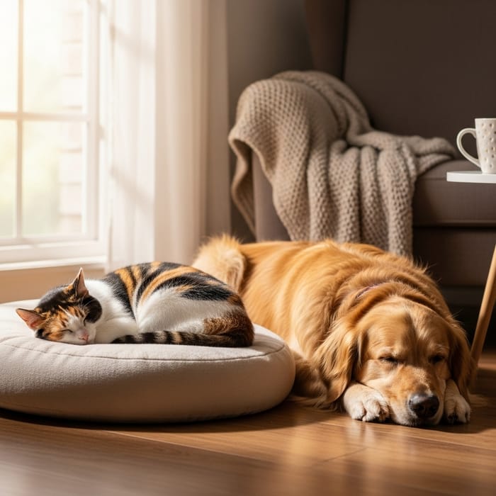 Calico Cat Sleeping Next to Dog