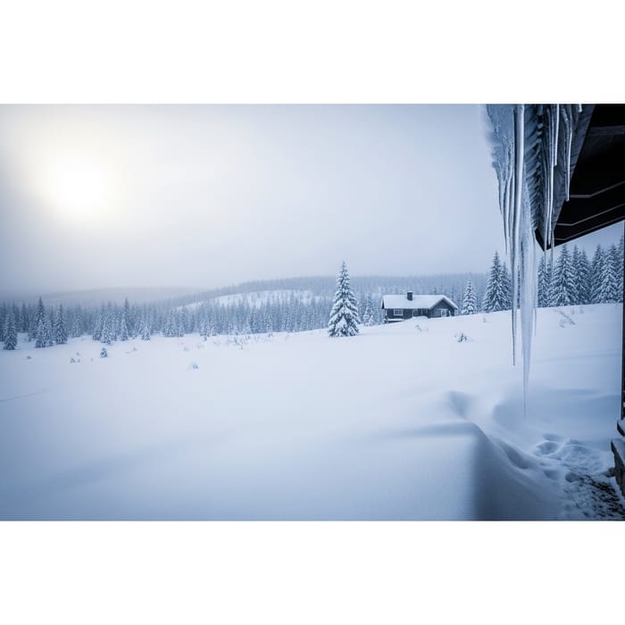 Tranquil Winter Scene of Solitary Cabin Amongst Icy Serenity