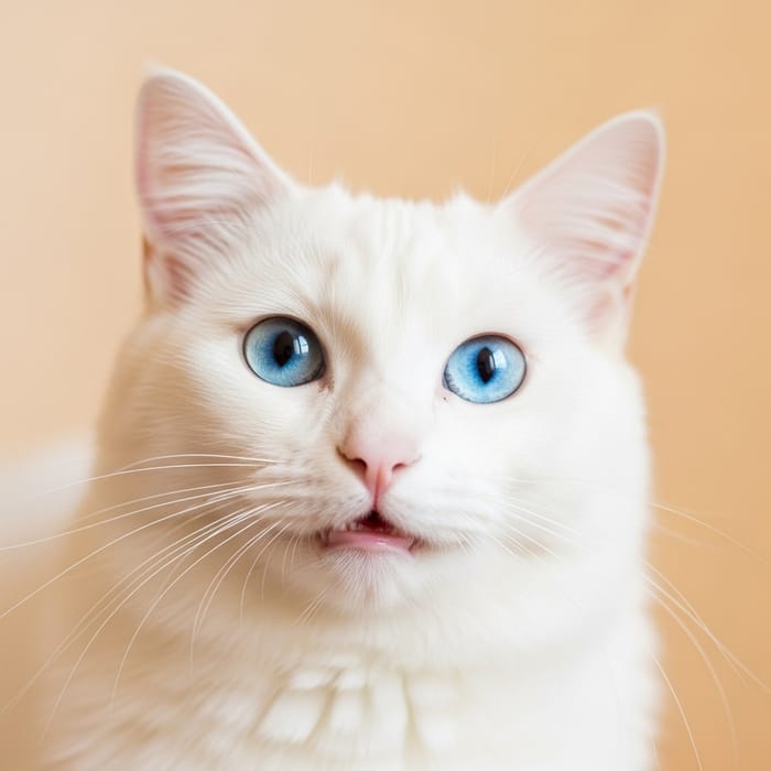White Cat with Bright Blue Eyes Smiling on Soft Orange Background