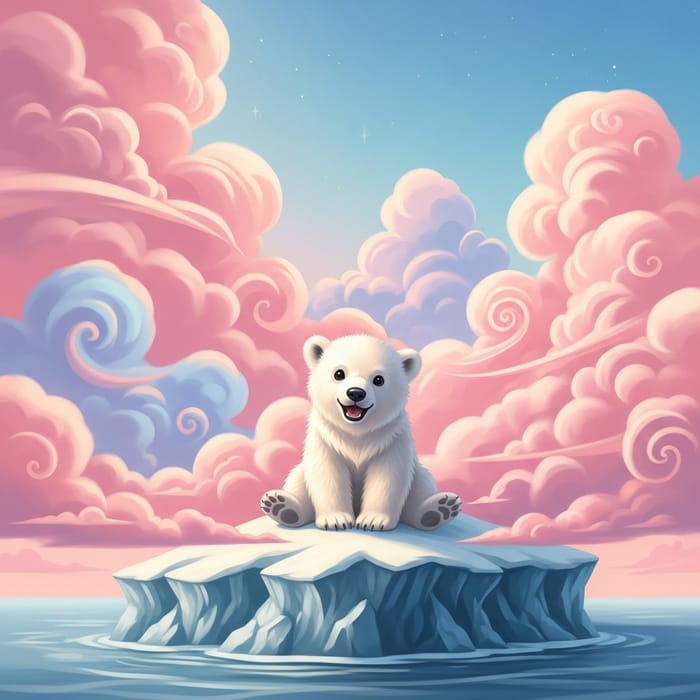 Adorable White Polar Bear on Iceberg Surrounded by Soft Pink Clouds Adorable White Polar Bear on Iceberg Surrounded by Soft Pink Clouds