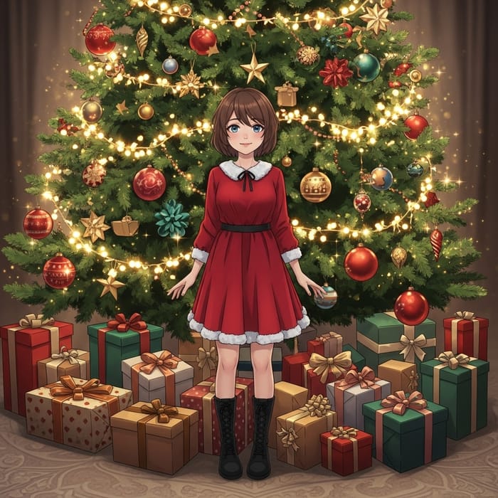 Festive Girl in Red Dress by Christmas Tree with Blue Eyes Festive Girl in Red Dress by Christmas Tree with Blue Eyes