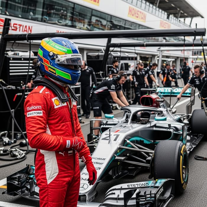 Lewis Hamilton: Black Race Car Driver in Red Suit with Striped Helmet