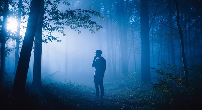 Enigmatic Individual in Mystical Woodland - Vintage Film Capture Enigmatic Individual in Mystical Woodland - Vintage Film Capture