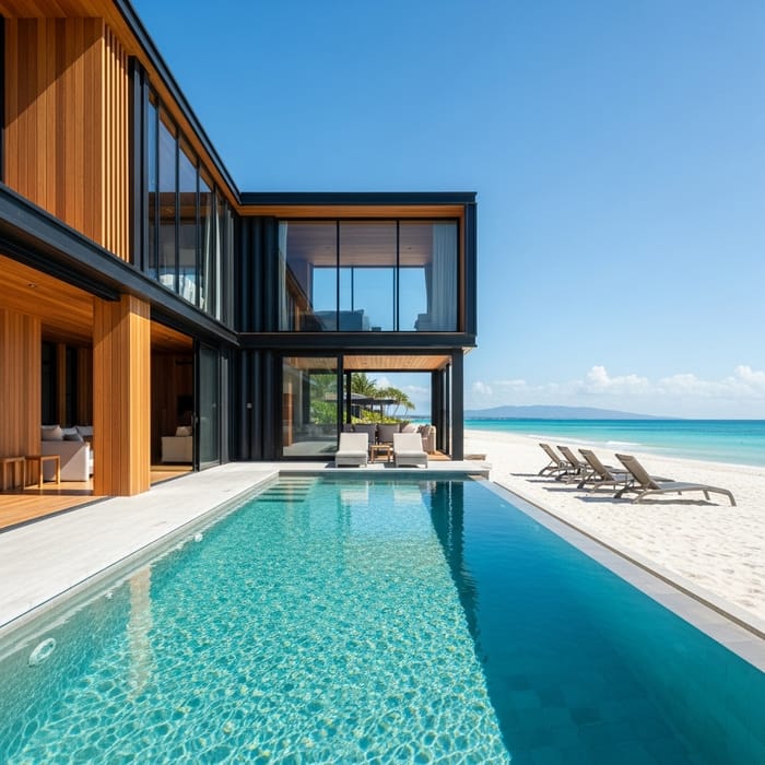 Modern Black Container House with Wooden Details and Pool on White Sandy Beach Modern Black Container House with Wooden Details and Pool on White Sandy Beach