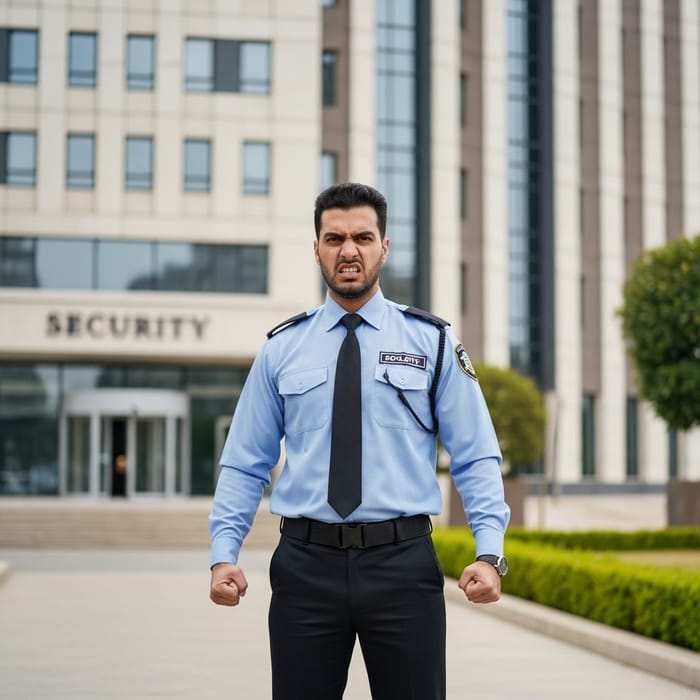 Angry Security Guard | Middle-Eastern Vigilante at Building Entrance Angry Security Guard | Middle-Eastern Vigilante at Building Entrance