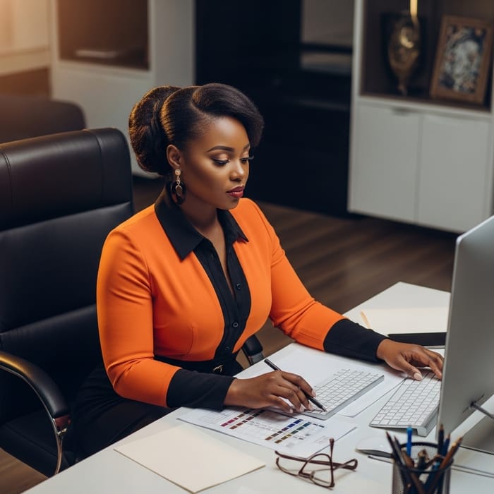 Stunning Black Woman in Chic Orange Attire in Luxurious Office Stunning Black Woman in Chic Orange Attire in Luxurious Office