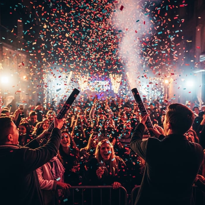 Exciting New Year Party with Colorful Confetti Cannons Exciting New Year Party with Colorful Confetti Cannons