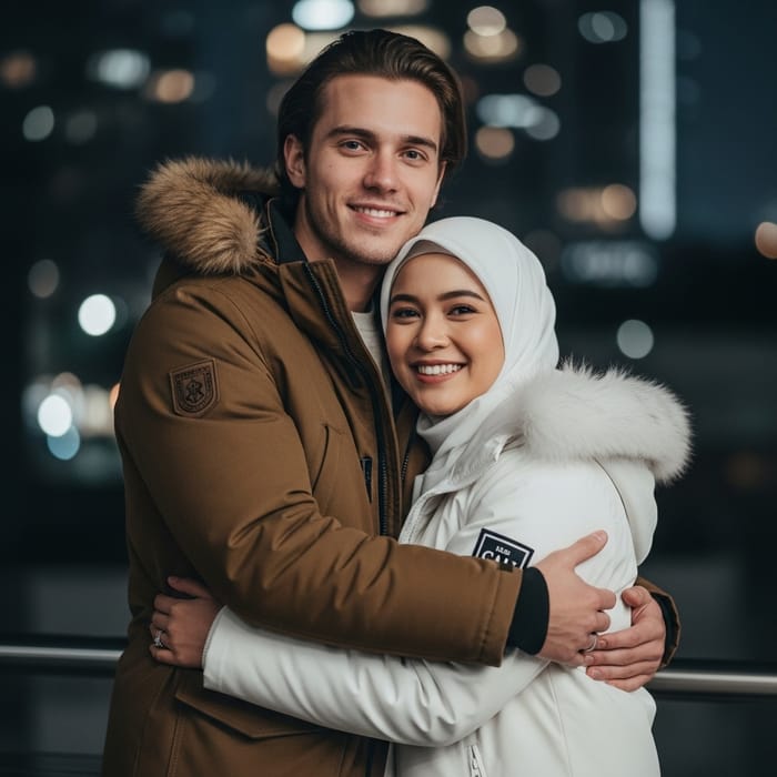 Photorealistic Portrait: Indonesian Couple Embracing in Urban Night Scene