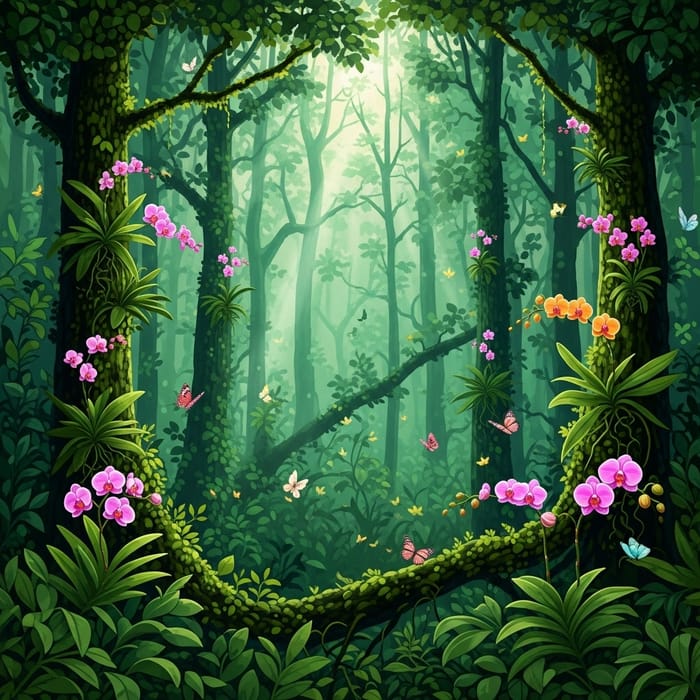 Colorful Orchids and Butterflies in a Vibrant Jungle Setting Colorful Orchids and Butterflies in a Vibrant Jungle Setting
