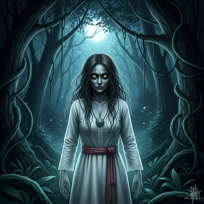 Ethereal Malay Female Ghost Spirit in Enigmatic Moonlit Forest