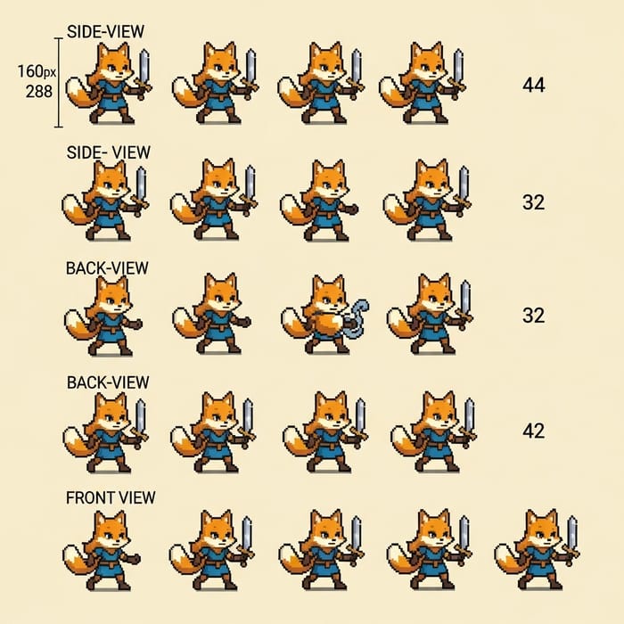 D&D Foxgirl Pixel Art Sprite Sheet: Frames for Side-View, Back-View & Front-View D&D Foxgirl Pixel Art Sprite Sheet: Frames for Side-View, Back-View & Front-View