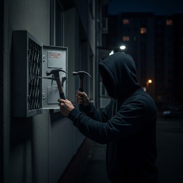 Dark Thief Breaking into Apartment Building Lock Box Dark Thief Breaking into Apartment Building Lock Box