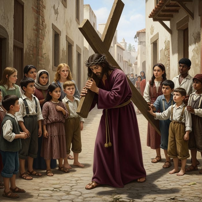 Jesus Christ Exhausted Carrying Cross in Presence of Diverse Street Children Jesus Christ Exhausted Carrying Cross in Presence of Diverse Street Children