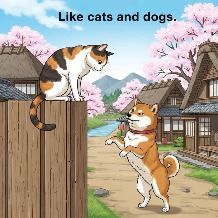 Cats and Dogs Living Together: Japanese Proverb Depiction