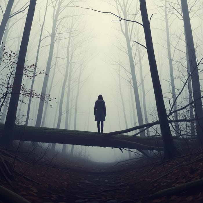 Enigmatic Figure in Ethereal Foggy Forest: Impressionist Solitude