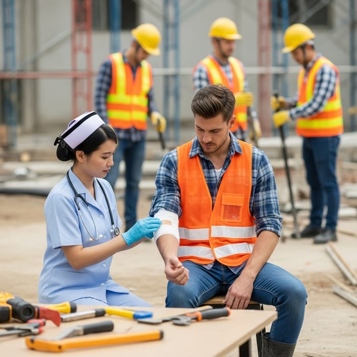 Workplace Injury First Aid: Nurse Treats Construction Worker