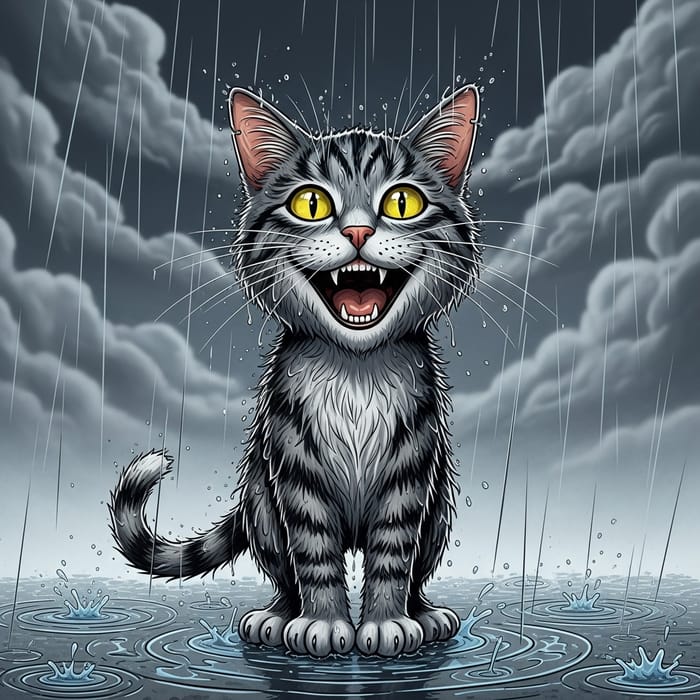 Laughing Comic Cat in Rain | Illustrated Joyful Feline Art Laughing Comic Cat in Rain | Illustrated Joyful Feline Art