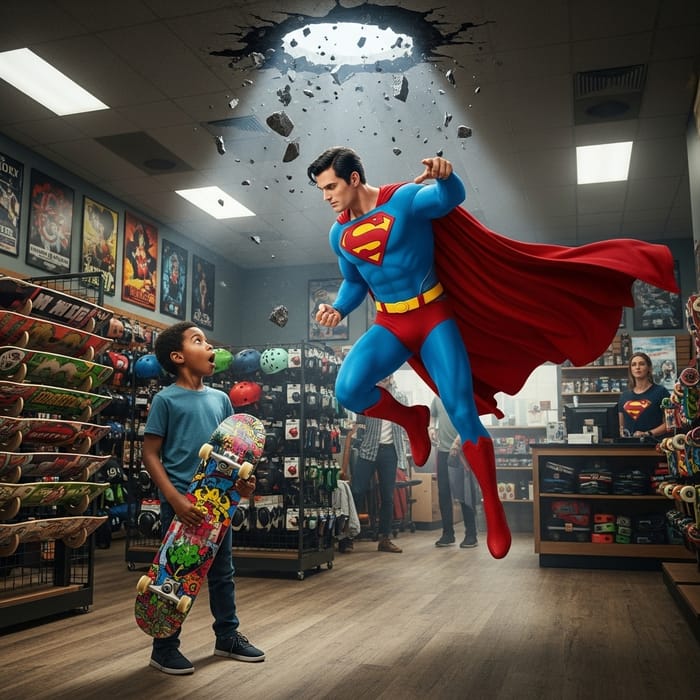 Superhero Superman Intervenes as Black Child Acquires Skateboard Superhero Superman Intervenes as Black Child Acquires Skateboard