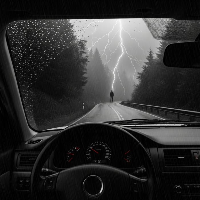 Stormy Night on Desolate Road: Isolated Monochrome Scene