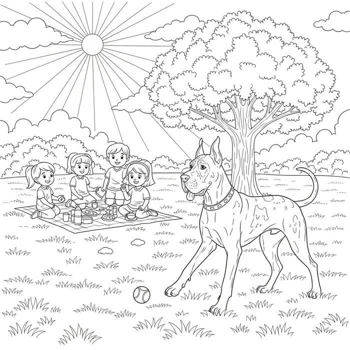 Monochrome Great Dane Playing Fetch in Park - Children's Coloring Page