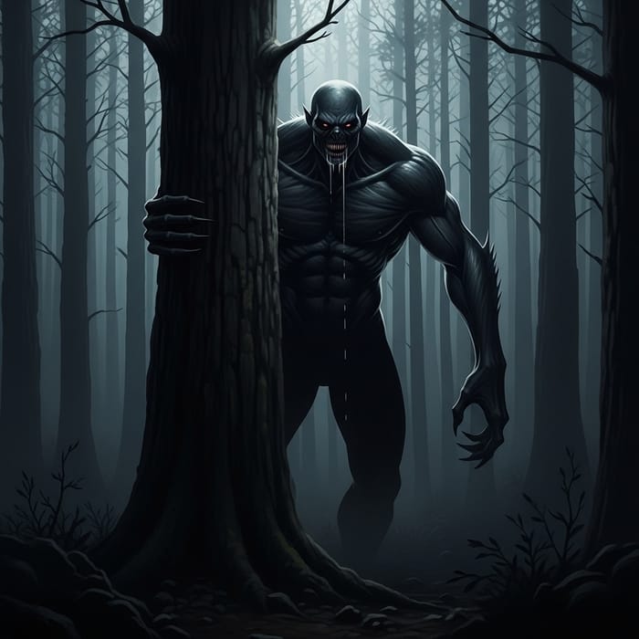 Daunting Encounter: Towering Humanoid Lurking in Ominous Forest Daunting Encounter: Towering Humanoid Lurking in Ominous Forest