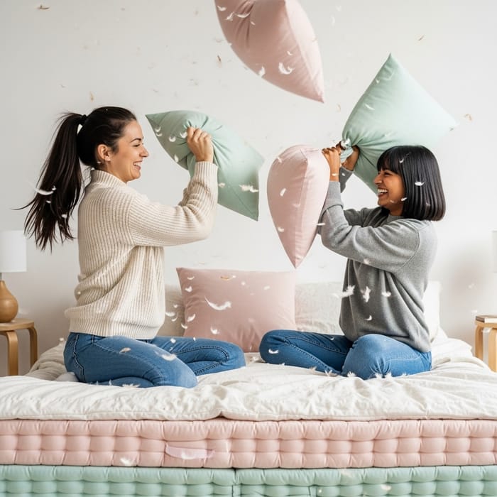 Playful Pillow Fight Between Diverse Women | Cozy Pastel Colors Playful Pillow Fight Between Diverse Women | Cozy Pastel Colors