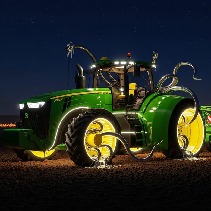 Futuristic John Deere Tractor with LED Lights and Metallic Tentacles