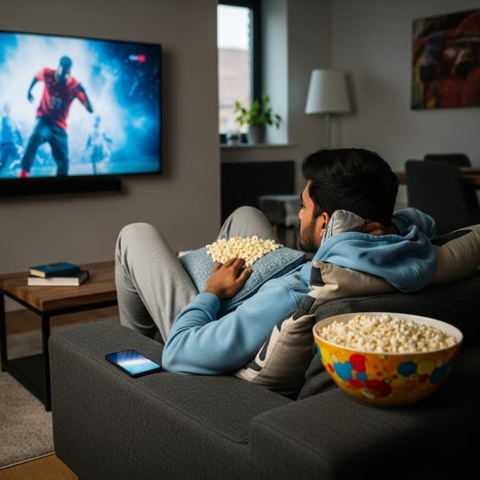 South Asian Student Watching TV with Popcorns