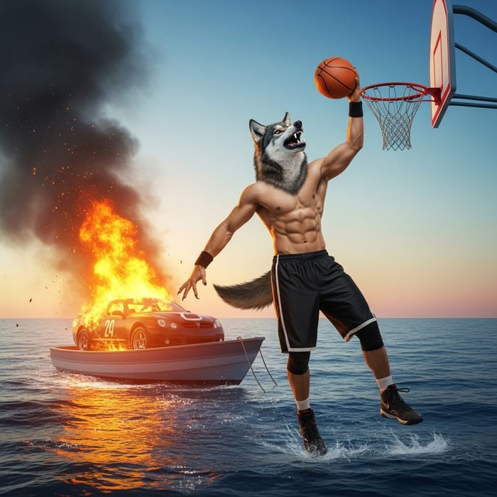 Wolf Car Racer Dunking Basketball in Ocean | Unique Athlete Scene