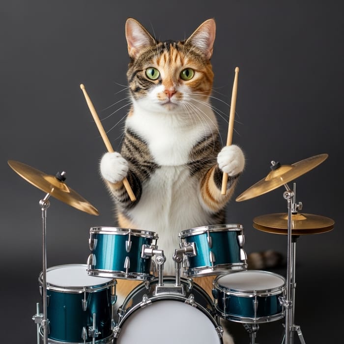 Calico Cat Drummer with Bass Drum, Snare, and Cymbals Calico Cat Drummer with Bass Drum, Snare, and Cymbals