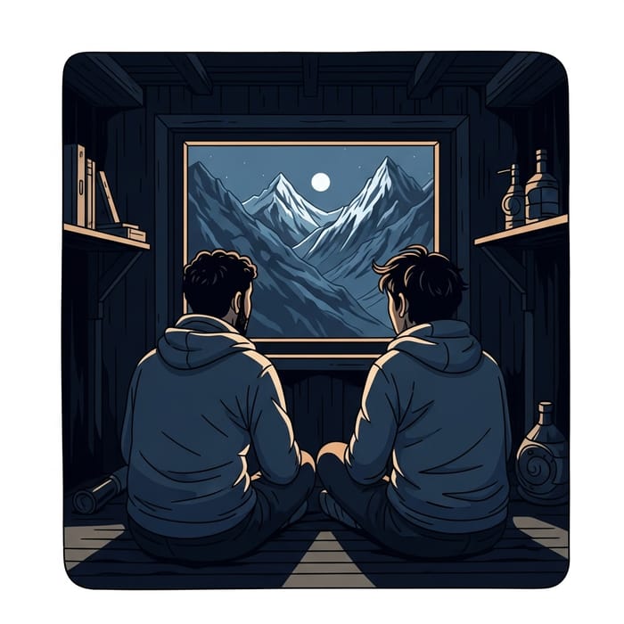 Night Scene: Two Men in Mountain Hut, Himalayan View Night Scene: Two Men in Mountain Hut, Himalayan View