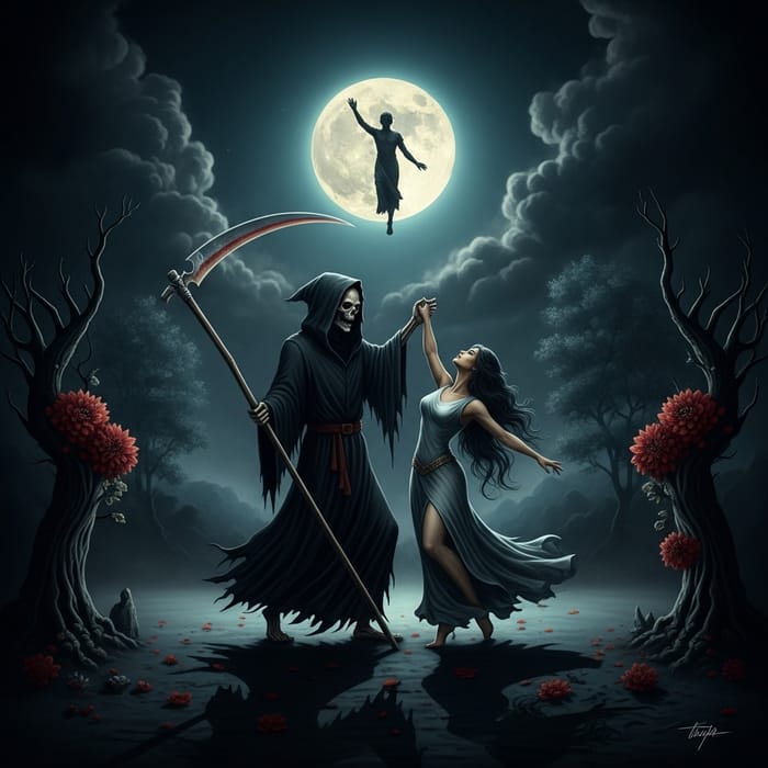 Grim Reaper's Haunting Dance in Celestial Moonlight | Surreal Whimsigoth Art