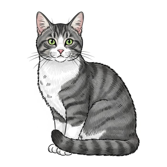 Gray and White Striped Cat Illustration Gray and White Striped Cat Illustration