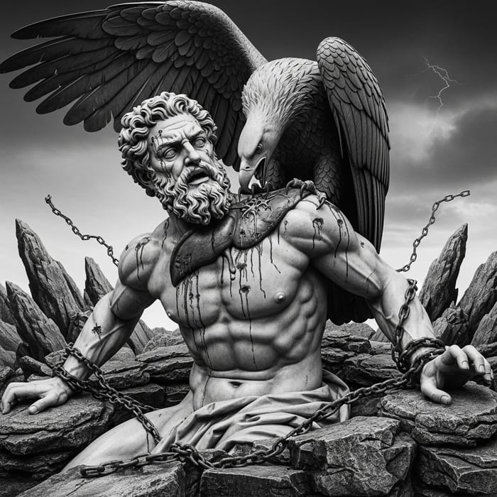 Prometheus Endures Torment: Greek Mythology Sculpture Scene