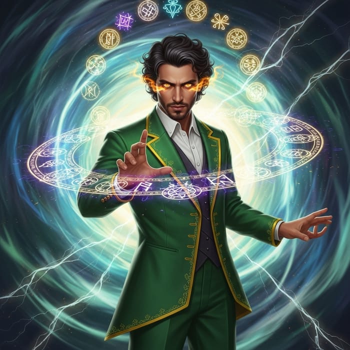 Enchanting Man in Emerald Green Suit with Magical Aura | Mystic Energy Presence