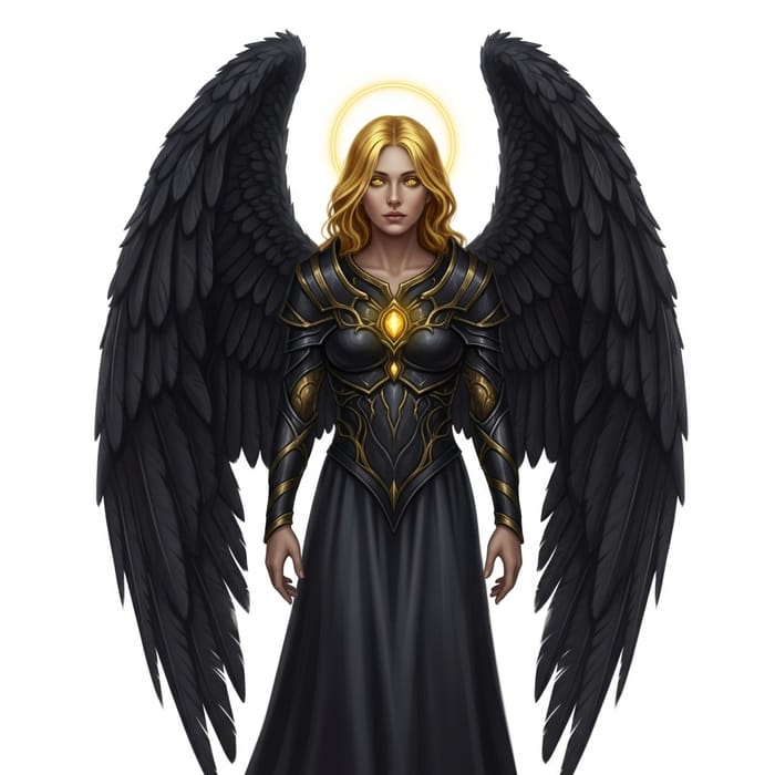 Golden-Haired Angel with Black Wings - Divine Beauty