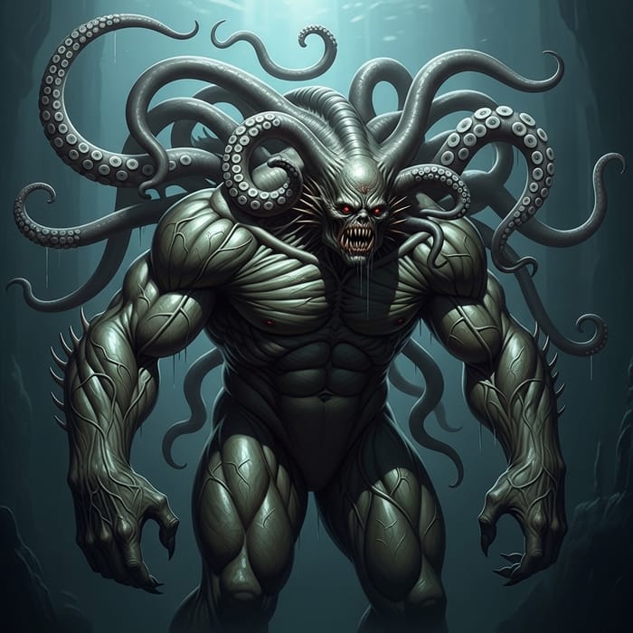 Muscular Humanoid Creature with Gray Tentacles - Dreadful Sea Monster Design