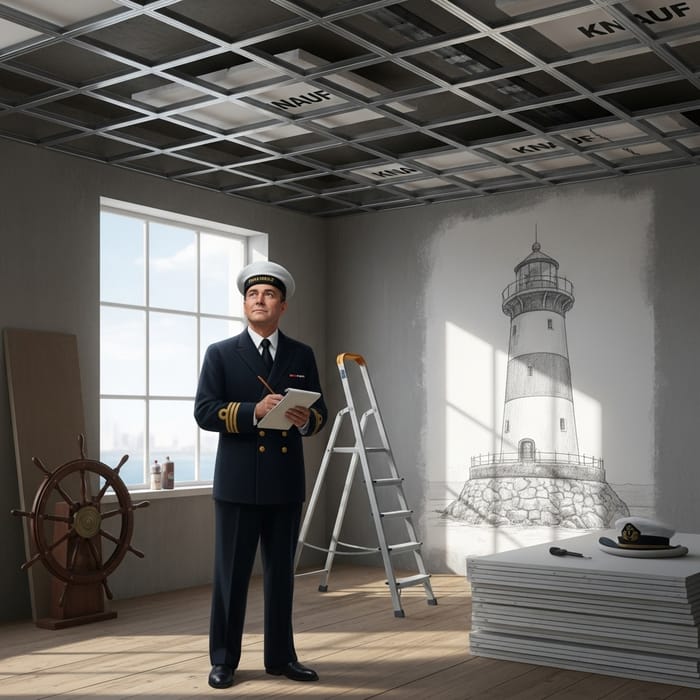 Confident Sailor Character with Notebook in Renovated Room Confident Sailor Character with Notebook in Renovated Room