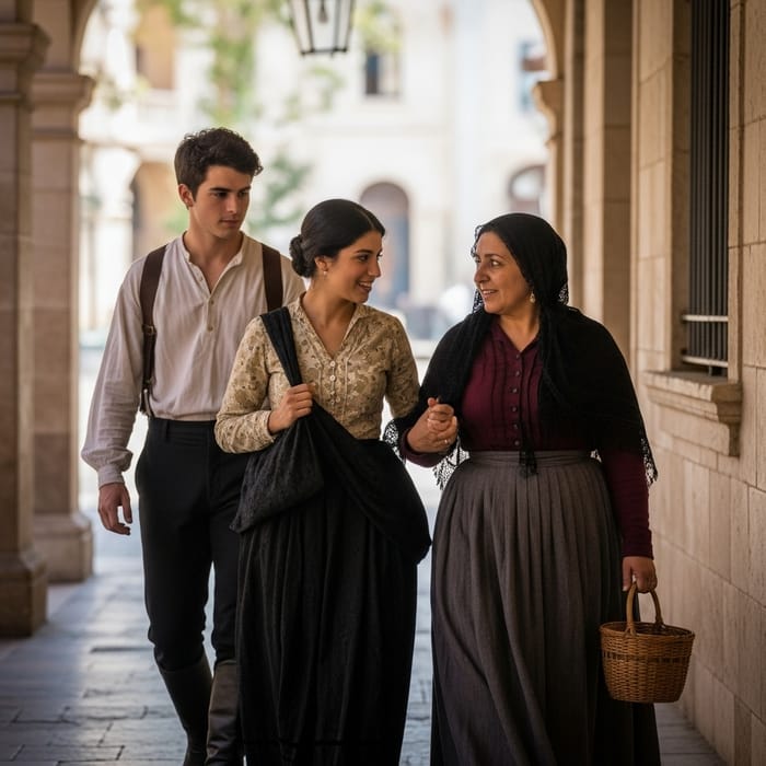 19th Century Young Man Observes Girlfriend and Mother Walking 19th Century Young Man Observes Girlfriend and Mother Walking
