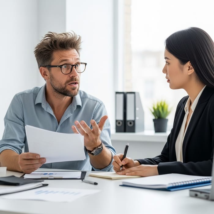 Slightly Frazzled Man Helping Asian Woman: Office Collaboration Slightly Frazzled Man Helping Asian Woman: Office Collaboration