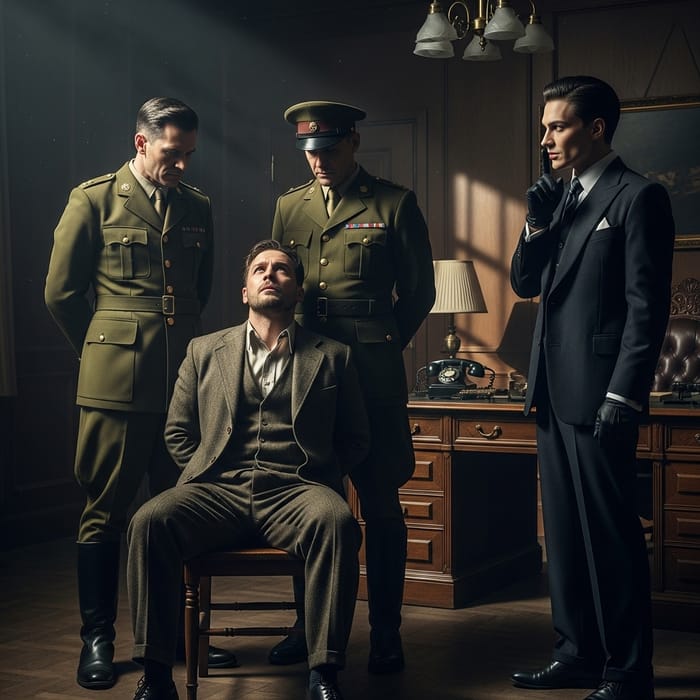 Intense Encounter: NKVD Officers with Dzerzhinsky Silently Observing Intense Encounter: NKVD Officers with Dzerzhinsky Silently Observing