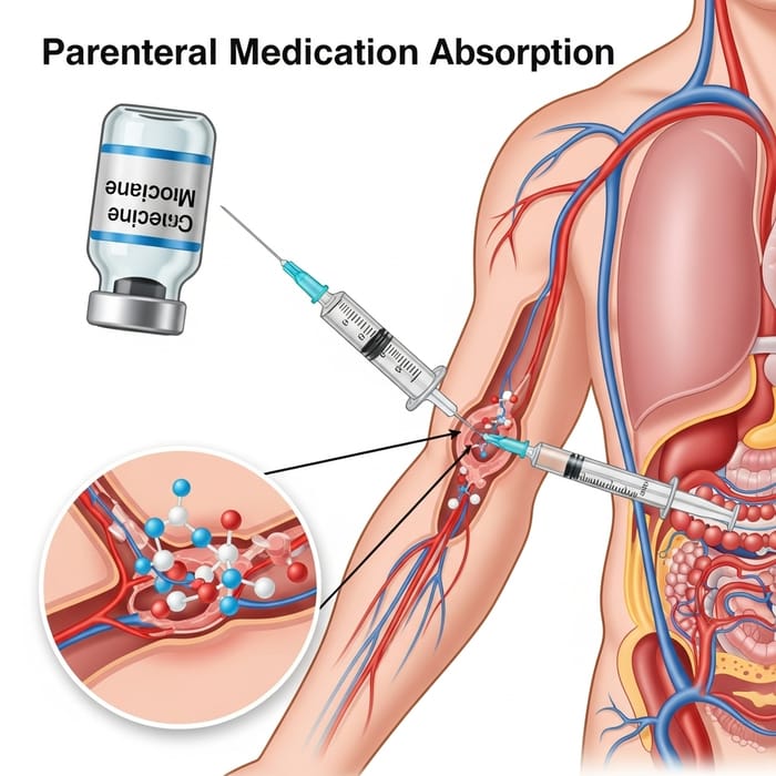 Parenteral Medication Absorption Process: Scientific Illustration Parenteral Medication Absorption Process: Scientific Illustration