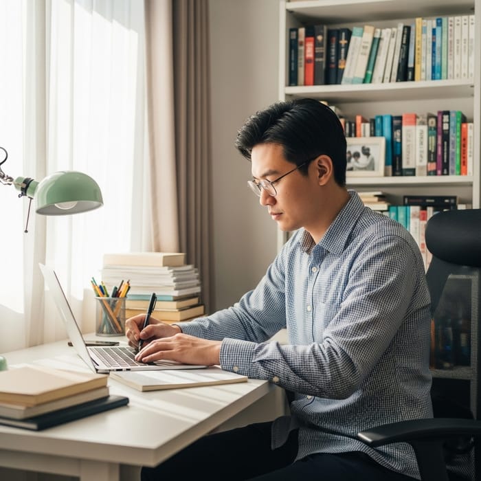 Asian Male Author, 30, Crafting at Bright Study | Literary Ambiance Shot