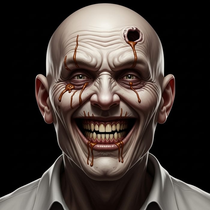 Terrifying Rotting Man with Twisted Features Grinning