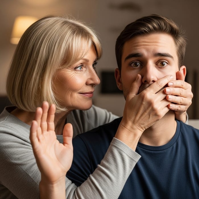 Blonde Older Woman Silencing Young Man