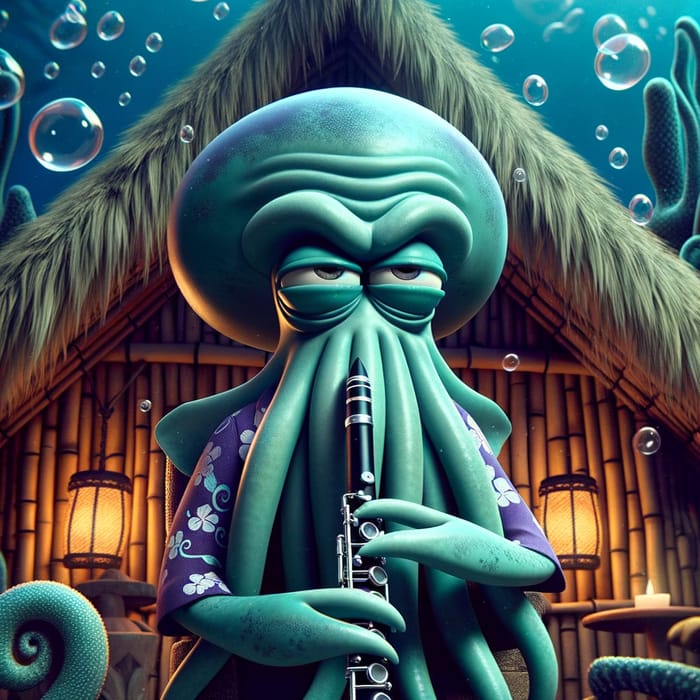 Squidward: Anthropomorphic Teal Cephalopod in Tiki-Style Underwater Home