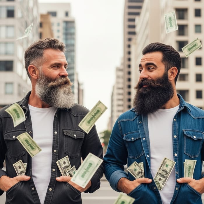 Two Middle-Aged Men with Beards and Dollar Bills in Urban Setting