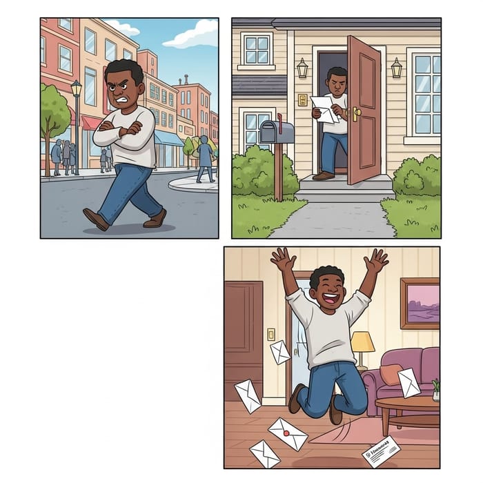 Black Man's Emotional Transformation: Walking, Opening Mail, Joyful Jump Black Man's Emotional Transformation: Walking, Opening Mail, Joyful Jump